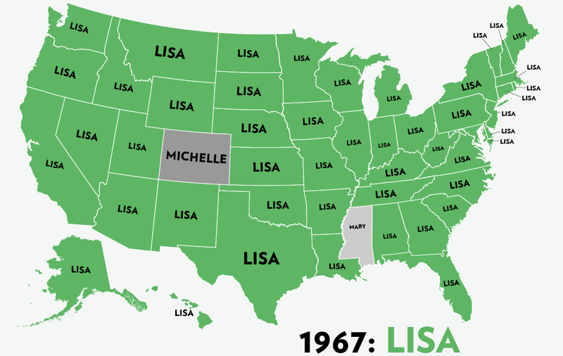 Illustration for article titled Map: Six Decades of the Most Popular Names for Girls, State-by-State